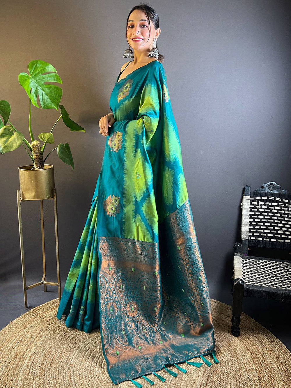 Teal Green & Blue Ikat Silk Saree with Rich Copper Zari Pallu