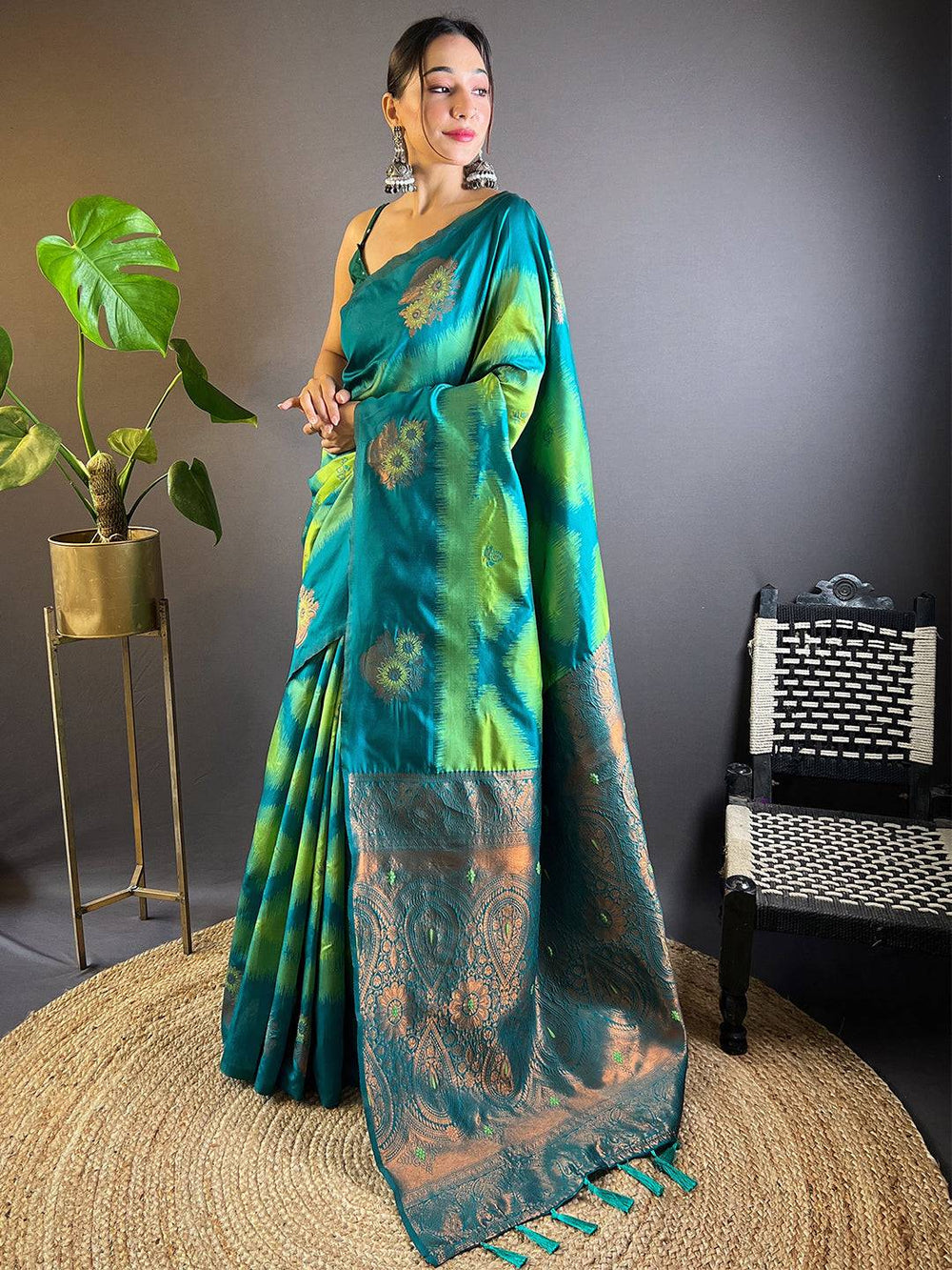 Teal Green & Blue Ikat Silk Saree with Rich Copper Zari Pallu