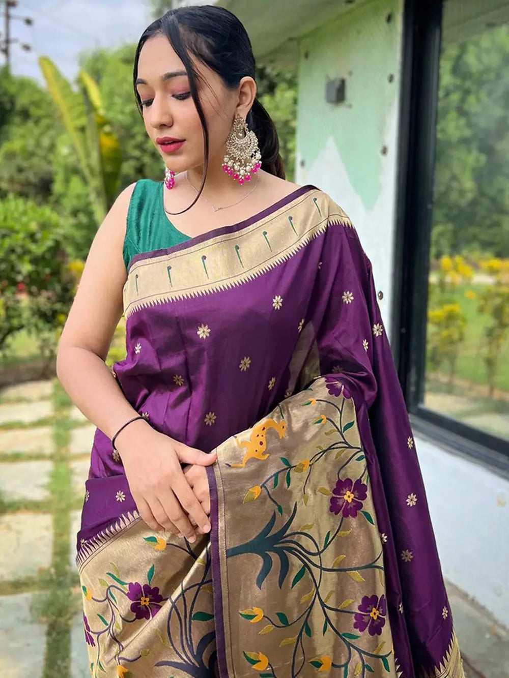 Purple Woven Silk Saree with Silver Meena Floral Pallu & Zari Border