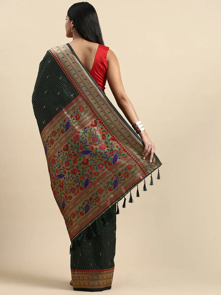 Dark Green Banarasi Silk Saree with Rich Zari Border & Multicolor Floral Pallu