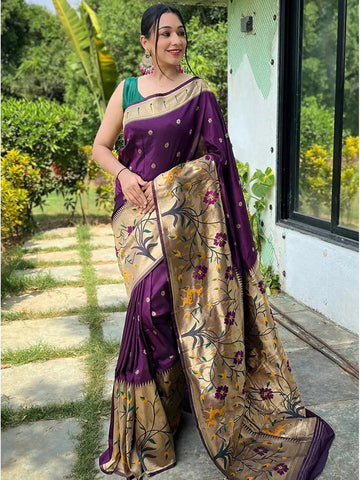 Purple Woven Silk Saree with Silver Meena Floral Pallu & Zari Border