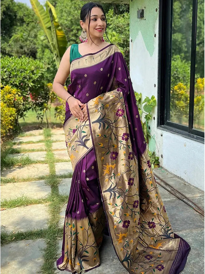 Purple Woven Silk Saree with Silver Meena Floral Pallu & Zari Border