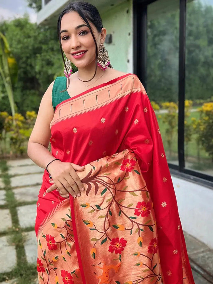 Red Woven Silk Saree with Gold Meenakari Floral Pallu & Zari Border