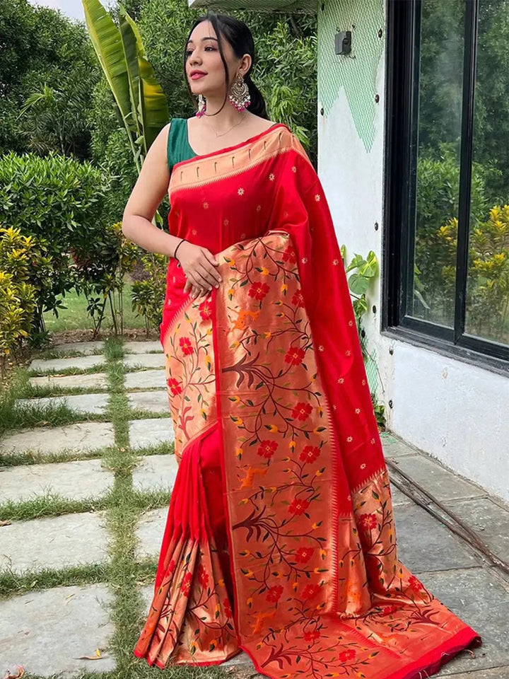 Red Woven Silk Saree with Gold Meenakari Floral Pallu & Zari Border