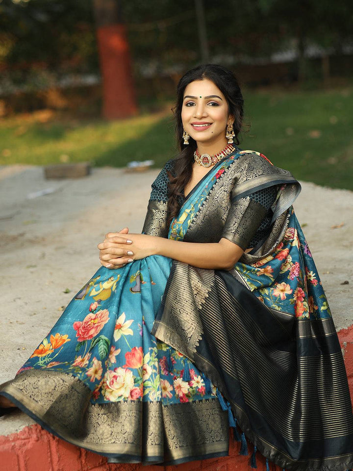 Teal Floral Printed Kanjivaram Silk Saree with Rich Black Zari Border & Pallu
