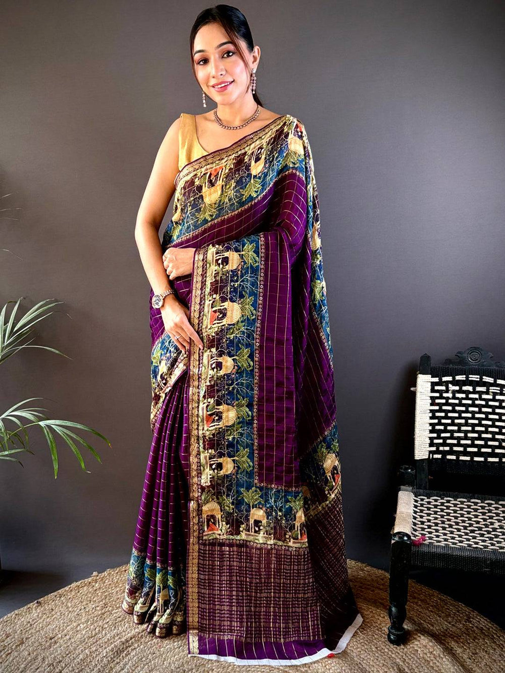 Maroon Soft Silk Saree with Village Theme Digital Print & Gold Zari Border