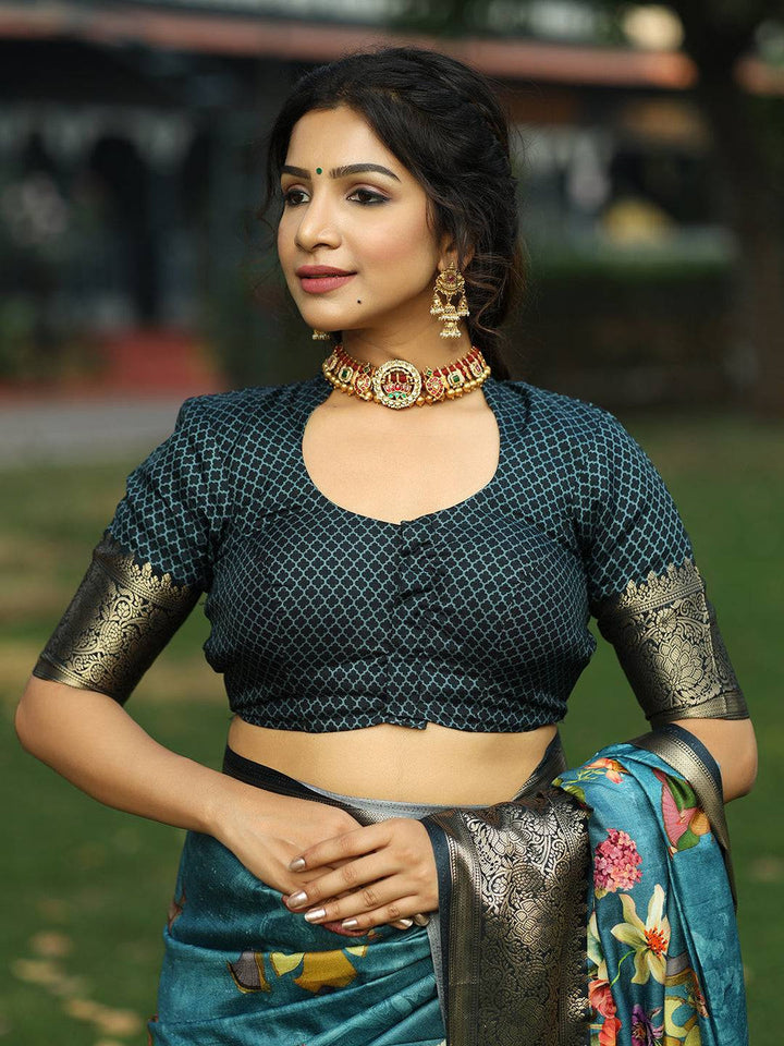 Teal Floral Printed Kanjivaram Silk Saree with Rich Black Zari Border & Pallu
