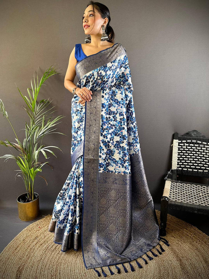 White & Blue Printed Soft Silk Saree with Contrast Navy Zari Border