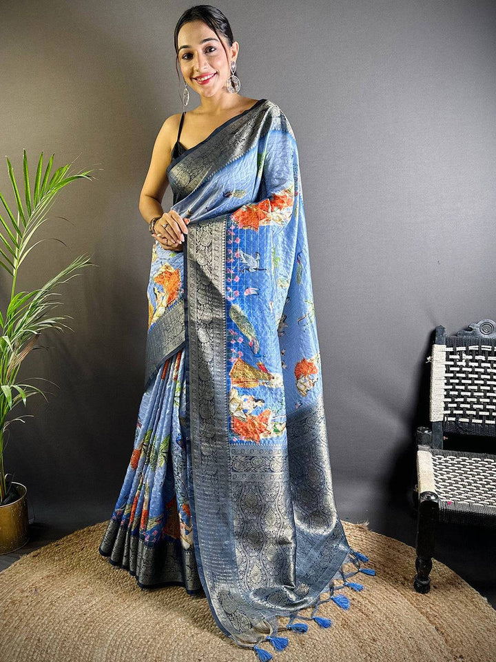 Blue Soft Silk Saree with Village Theme Digital Print & Silver Zari Border