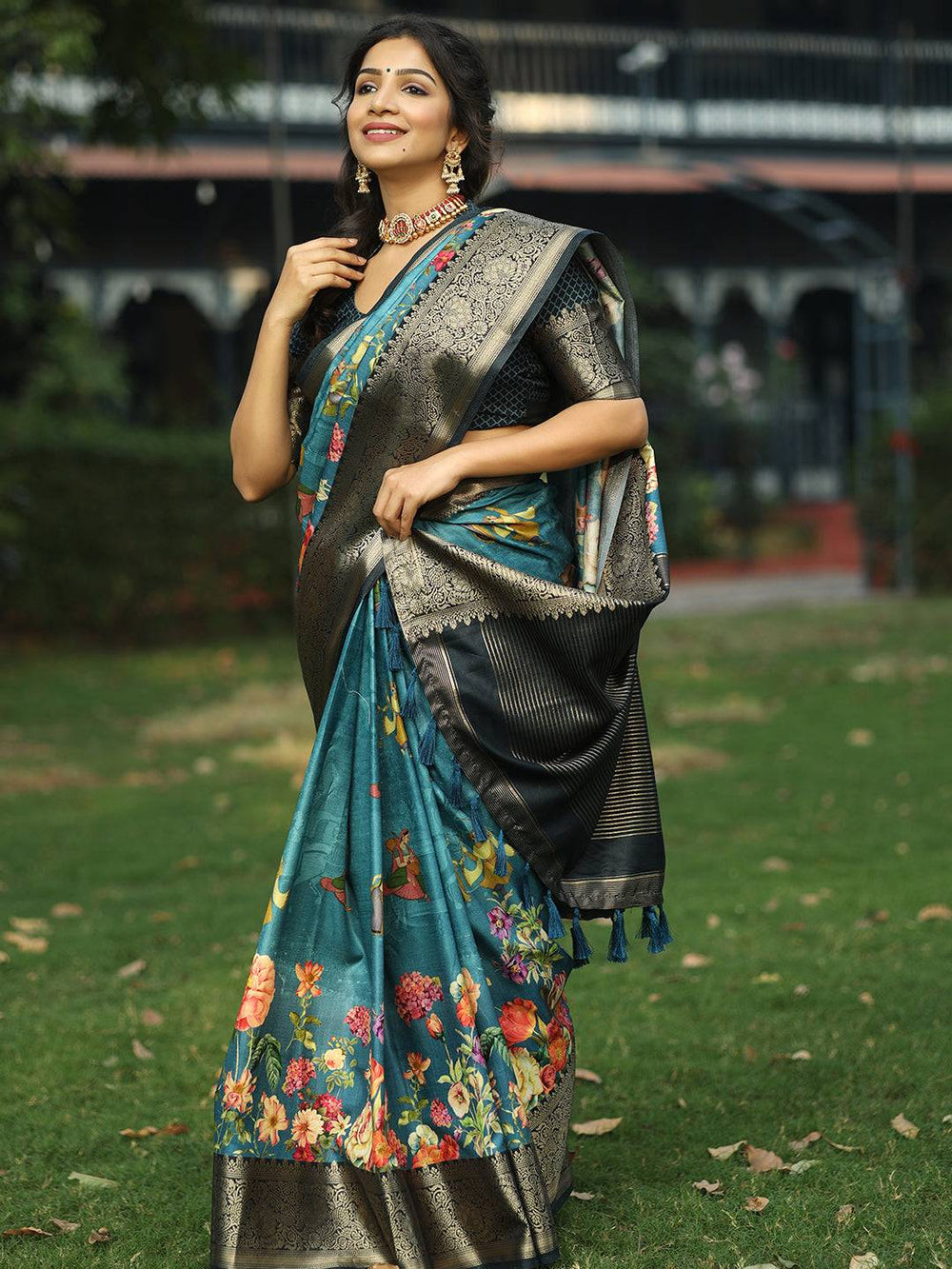 Teal Floral Printed Kanjivaram Silk Saree with Rich Black Zari Border & Pallu