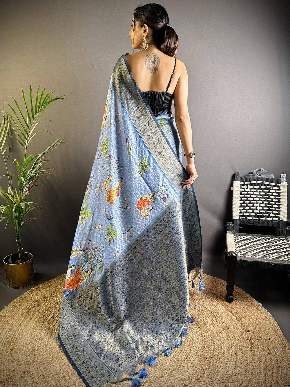 Blue Soft Silk Saree with Village Theme Digital Print & Silver Zari Border