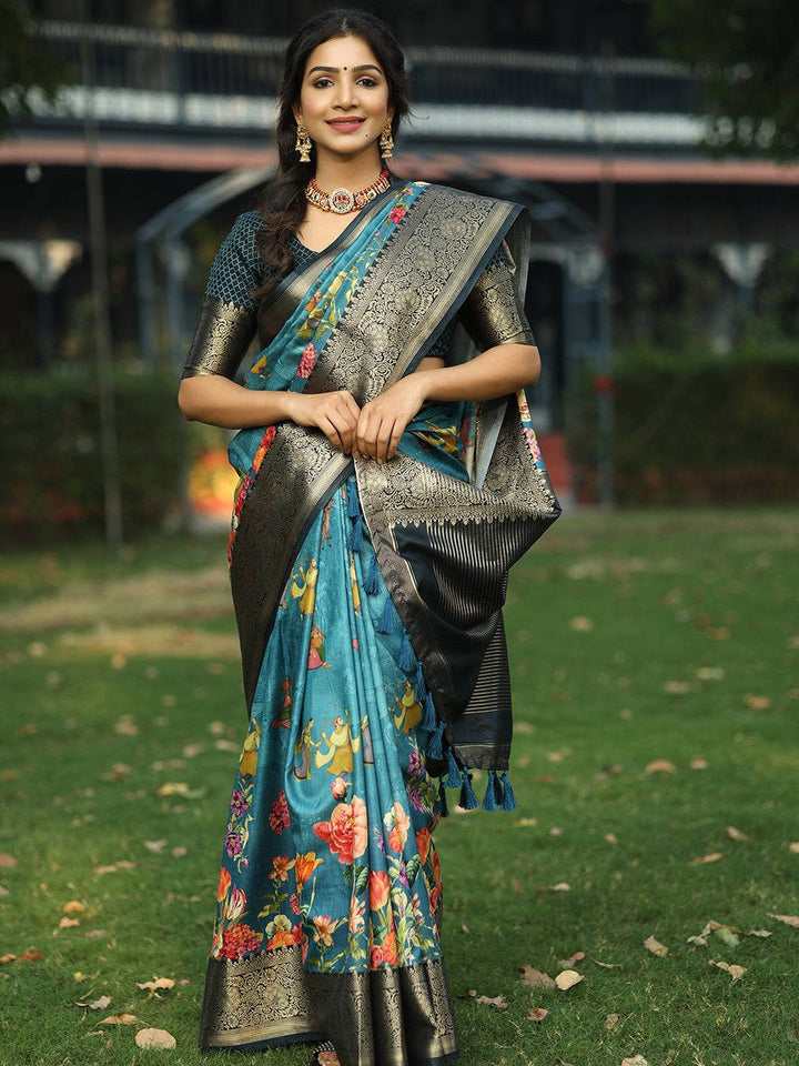 Teal Floral Printed Kanjivaram Silk Saree with Rich Black Zari Border & Pallu
