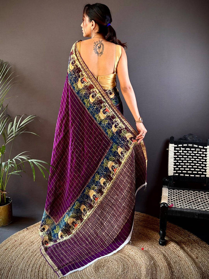 Maroon Soft Silk Saree with Village Theme Digital Print & Gold Zari Border