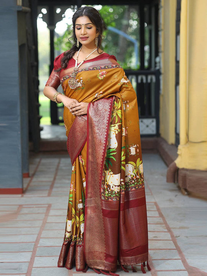 Mustard Printed Kanjivaram Silk Saree with Maroon Zari Border & Traditional Cow Motifs