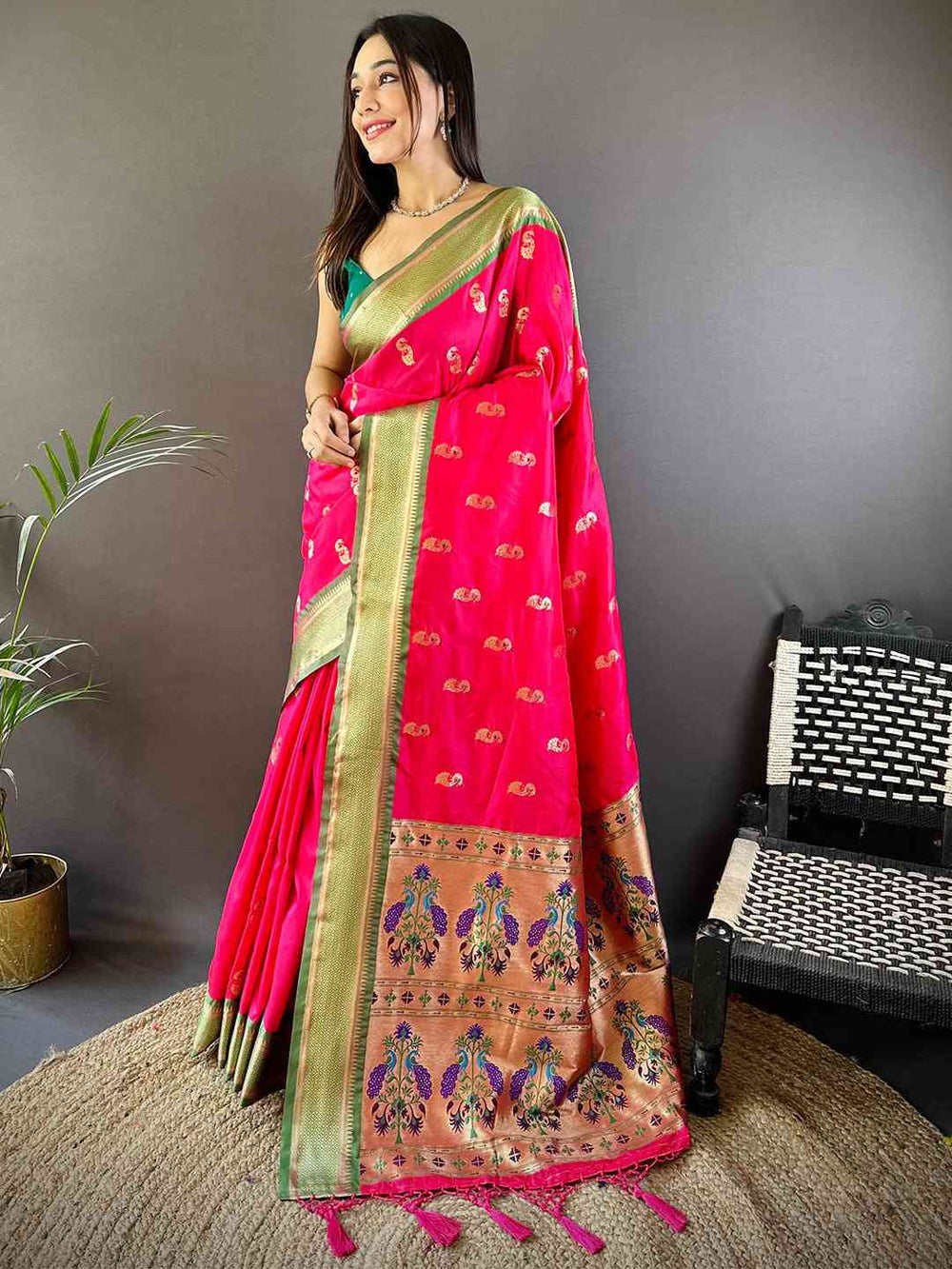 Rani Pink Banarasi Silk Saree with Gold Zari Border & Rich Meenakari Pallu