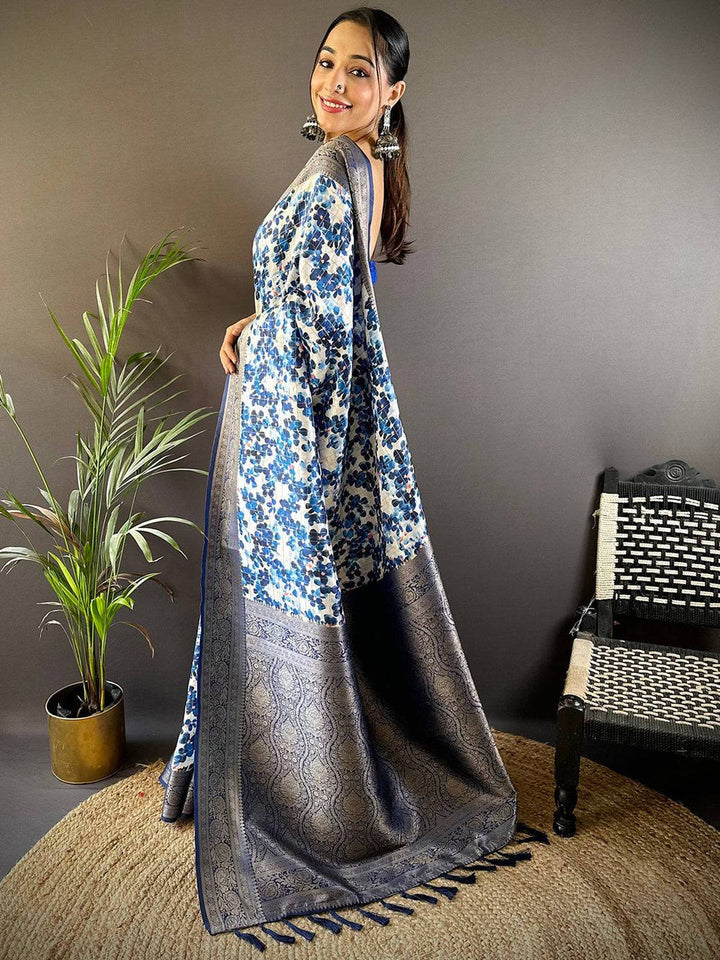 White & Blue Printed Soft Silk Saree with Contrast Navy Zari Border