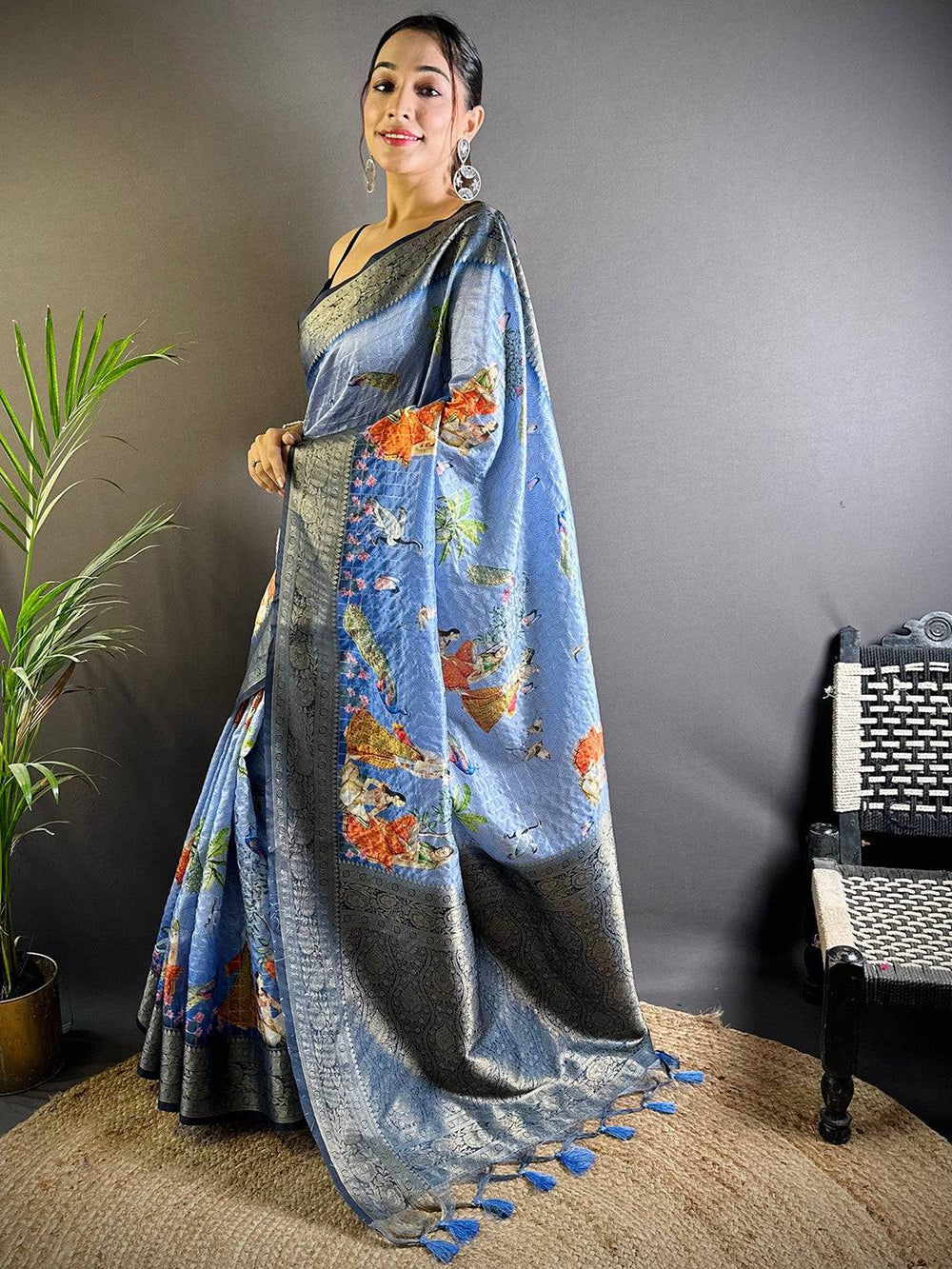 Blue Soft Silk Saree with Village Theme Digital Print & Silver Zari Border