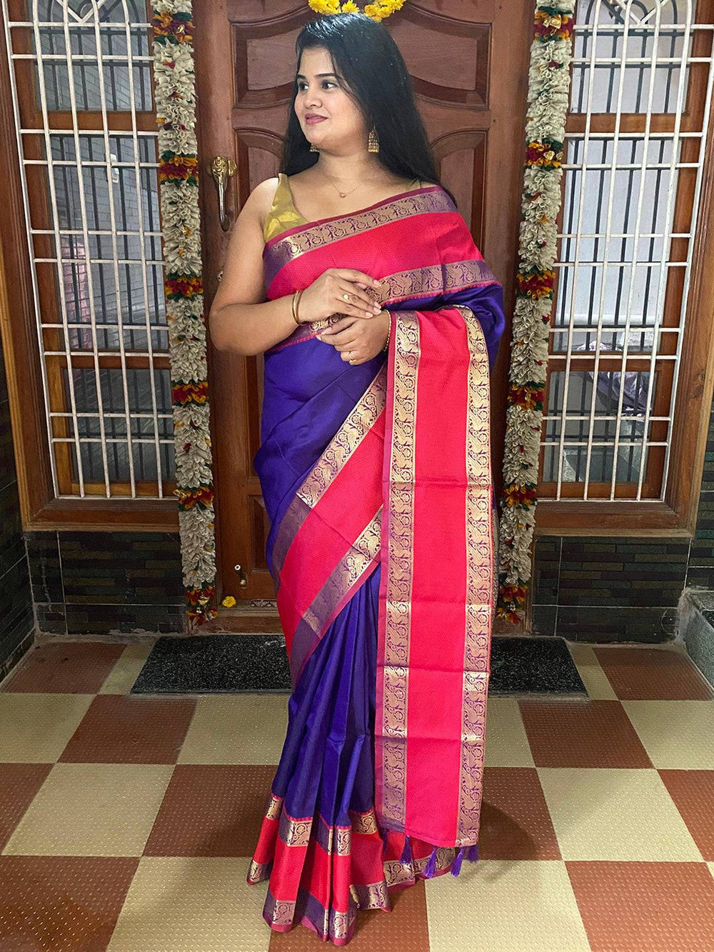 Purple & Pink Kanjivaram Silk Saree with Rich Gold Zari Border