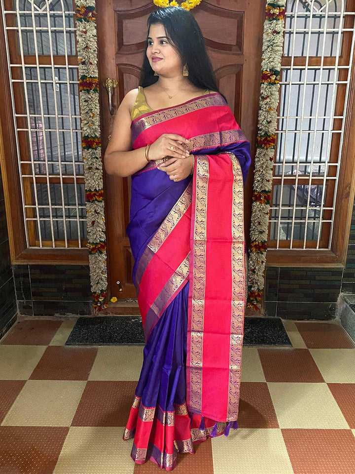 Purple & Pink Kanjivaram Silk Saree with Rich Gold Zari Border