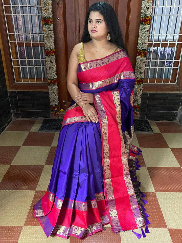 Purple & Pink Kanjivaram Silk Saree with Rich Gold Zari Border