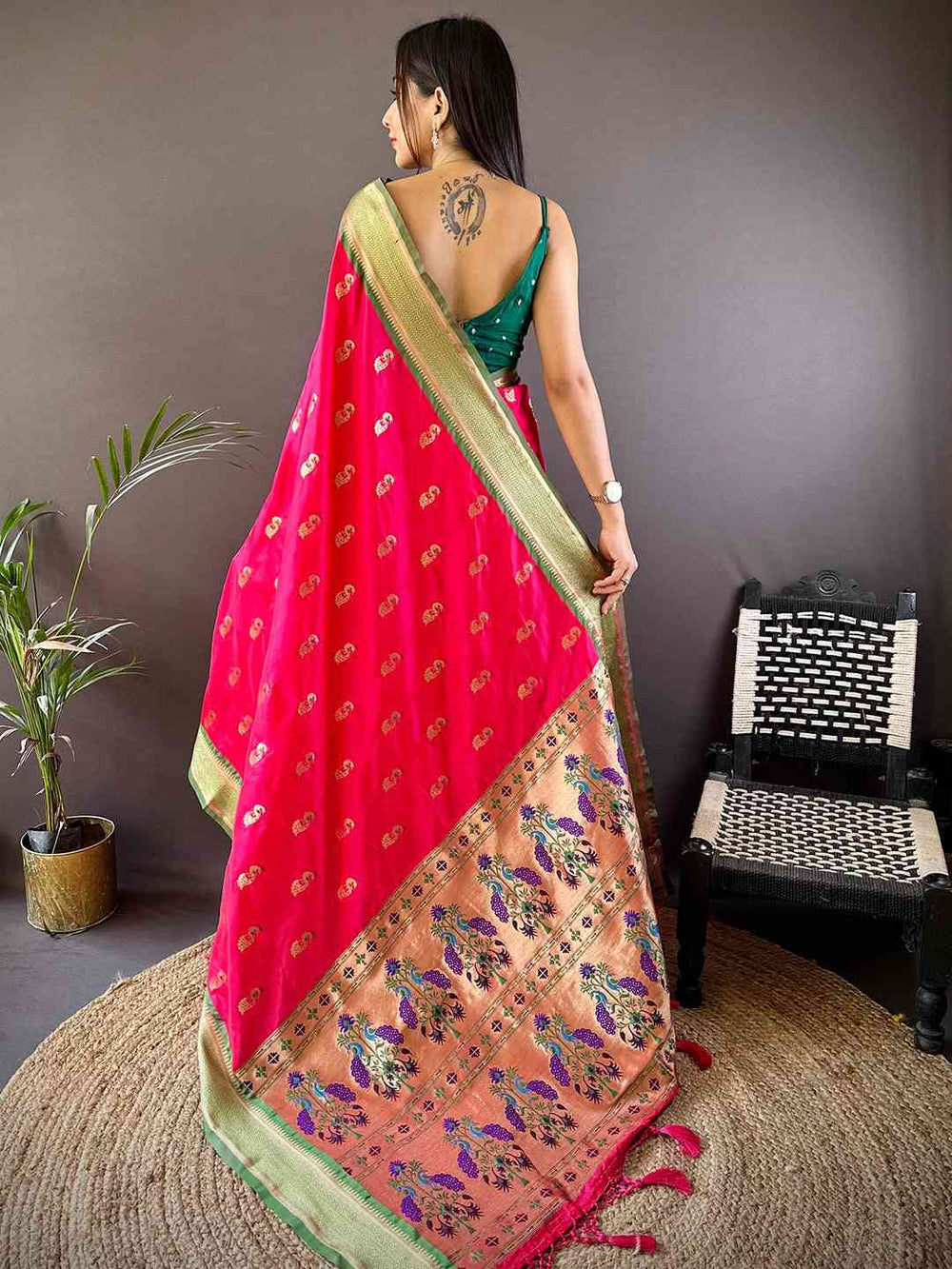 Rani Pink Banarasi Silk Saree with Gold Zari Border & Rich Meenakari Pallu