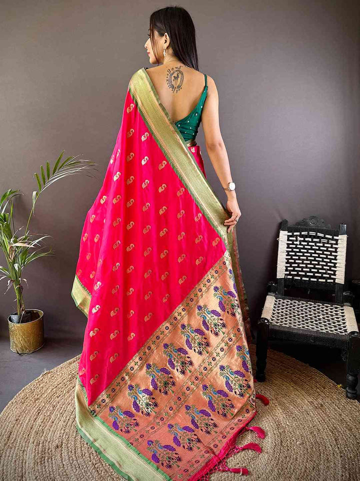 Rani Pink Banarasi Silk Saree with Gold Zari Border & Rich Meenakari Pallu