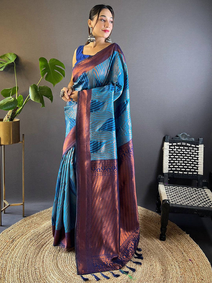 Blue Printed Kanjivaram Silk Saree with Wine Zari Pallu & Tassels