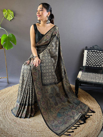 Black Kalamkari Printed Soft Cotton Saree with Traditional Motifs & Tassel Pallu