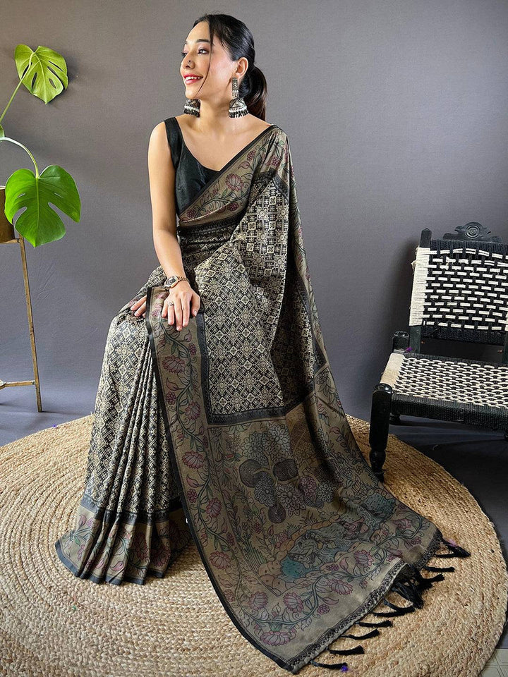 Black Kalamkari Printed Soft Cotton Saree with Traditional Motifs & Tassel Pallu