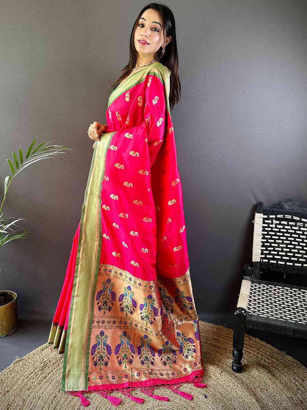 Rani Pink Banarasi Silk Saree with Gold Zari Border & Rich Meenakari Pallu