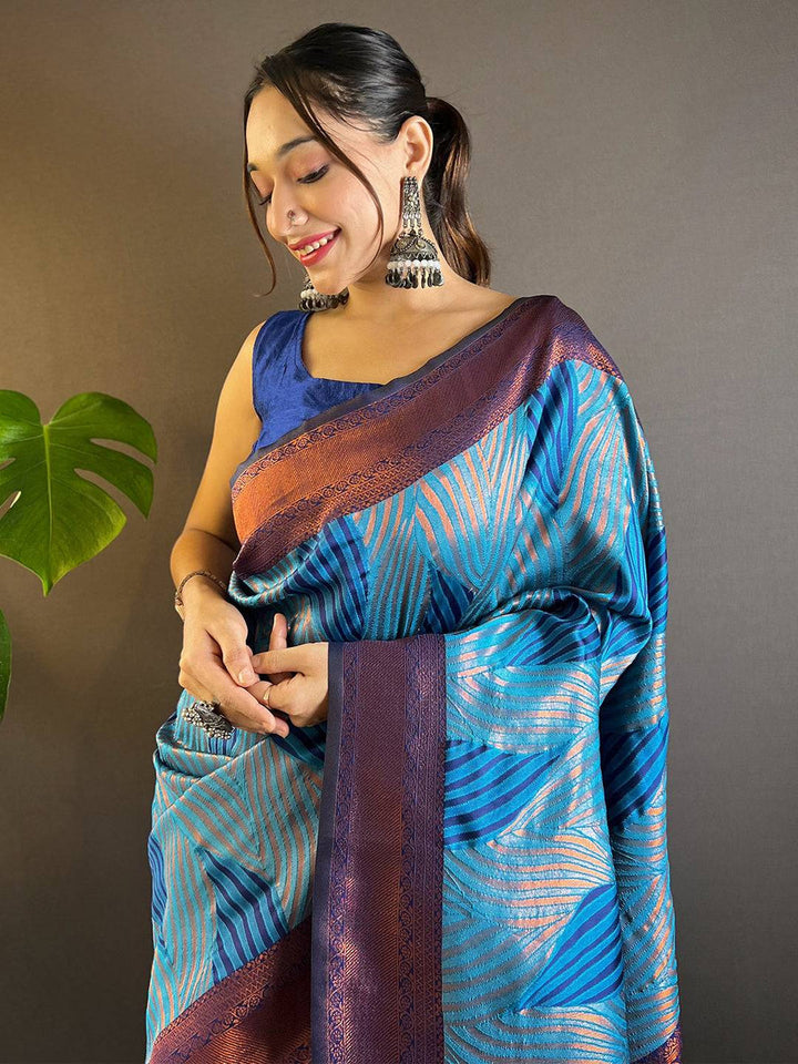 Blue Printed Kanjivaram Silk Saree with Wine Zari Pallu & Tassels