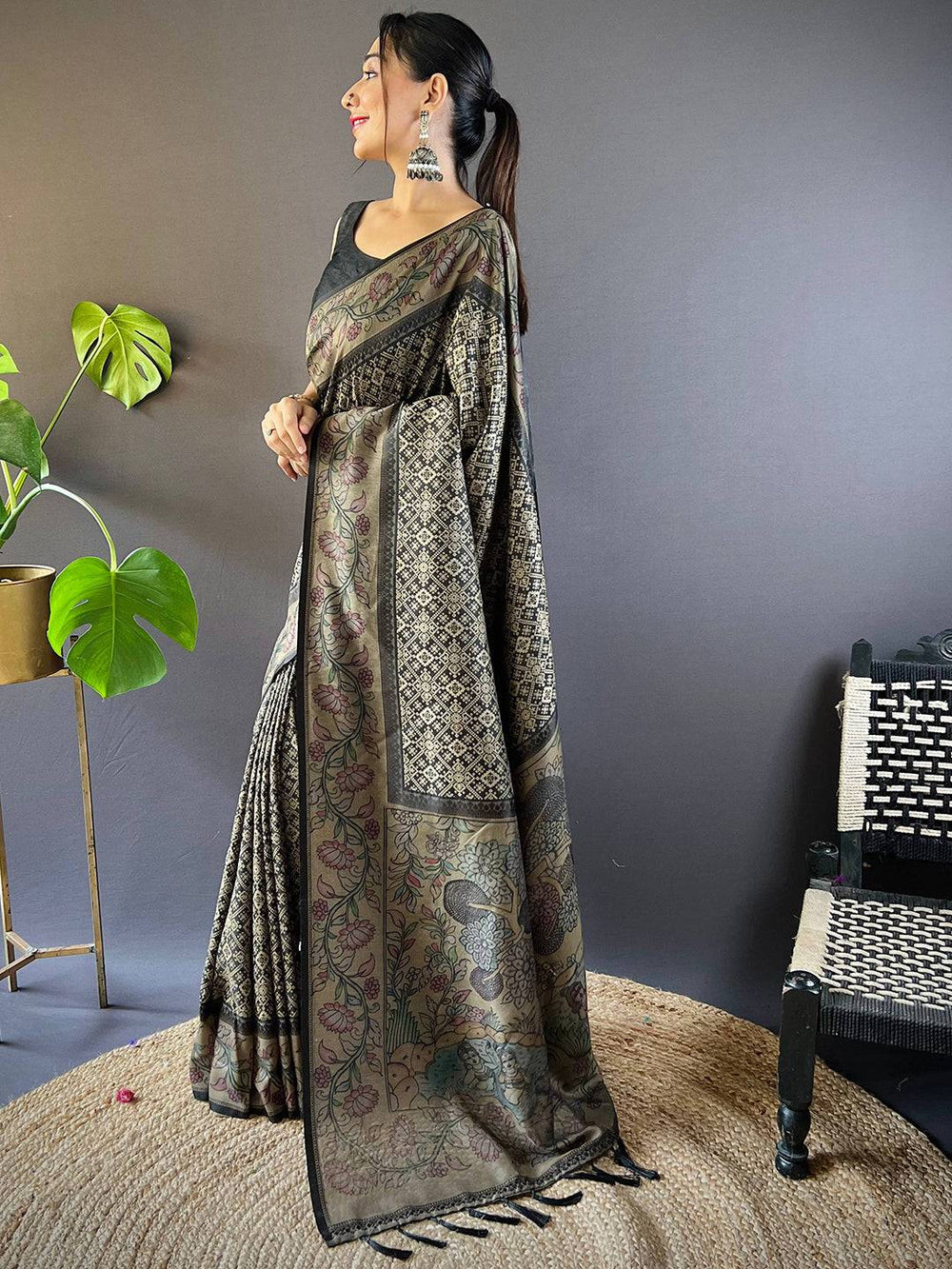 Black Kalamkari Printed Soft Cotton Saree with Traditional Motifs & Tassel Pallu