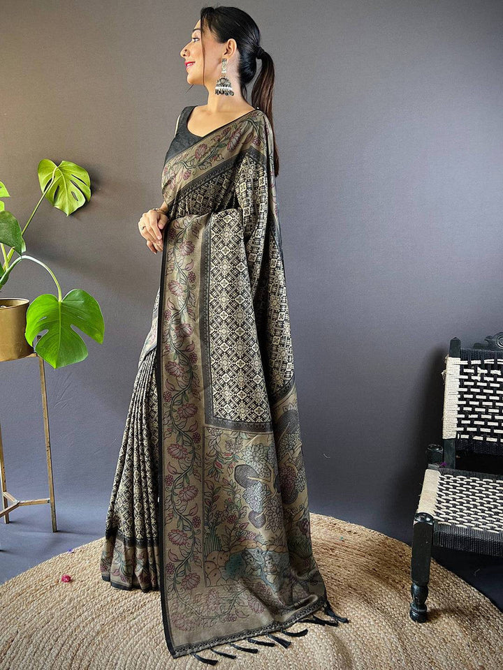 Black Kalamkari Printed Soft Cotton Saree with Traditional Motifs & Tassel Pallu