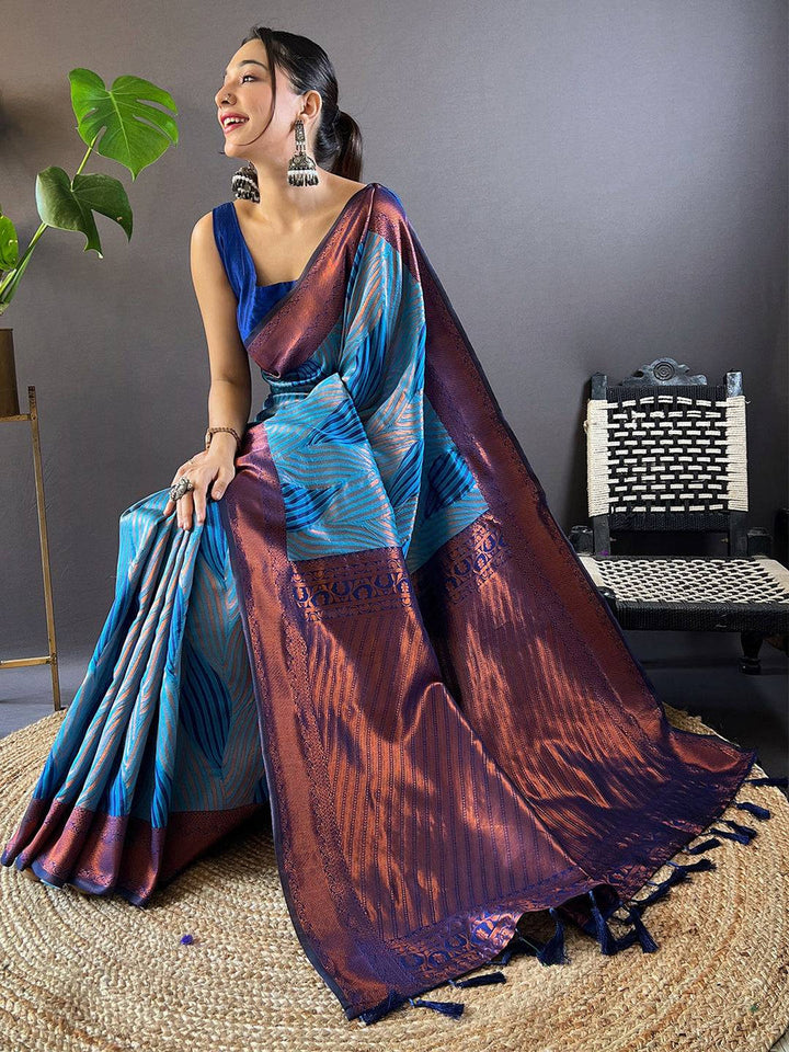 Blue Printed Kanjivaram Silk Saree with Wine Zari Pallu & Tassels