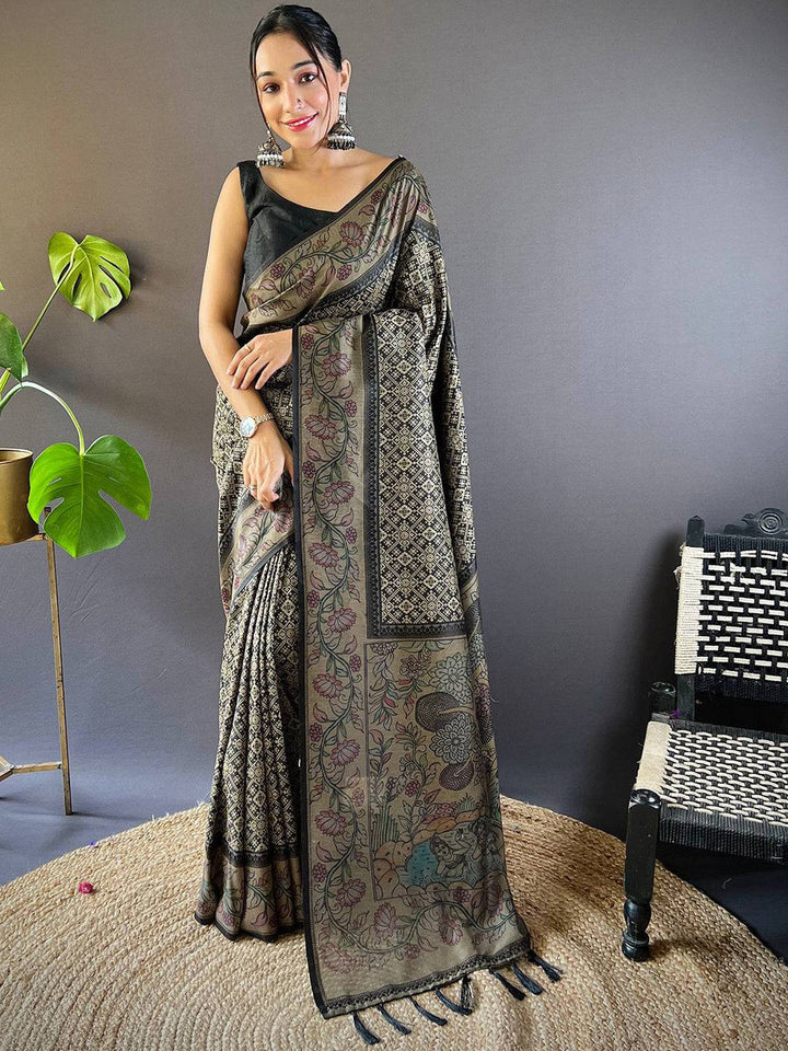 Black Kalamkari Printed Soft Cotton Saree with Traditional Motifs & Tassel Pallu