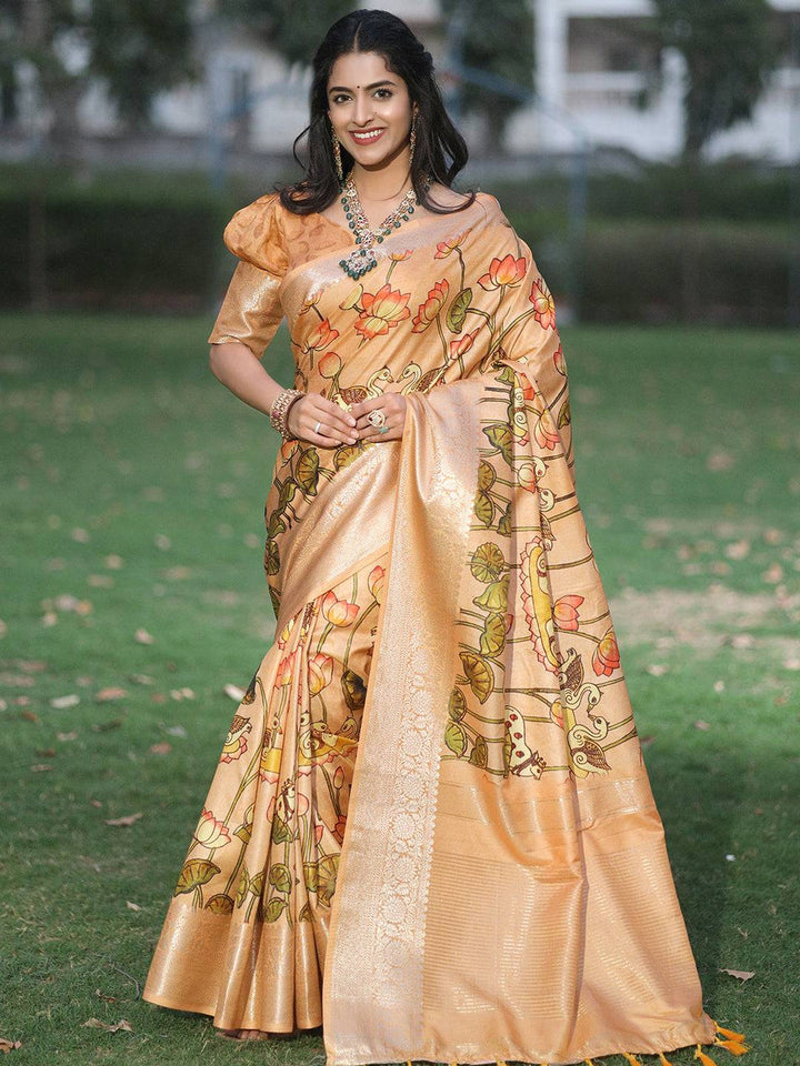 Golden Kanjivaram Silk Saree with Lotus Floral Print & Rich Zari Pallu