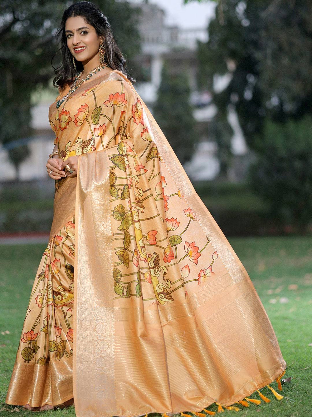 Golden Kanjivaram Silk Saree with Lotus Floral Print & Rich Zari Pallu