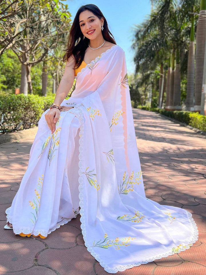 White Floral Printed Georgette Saree with Lace Border