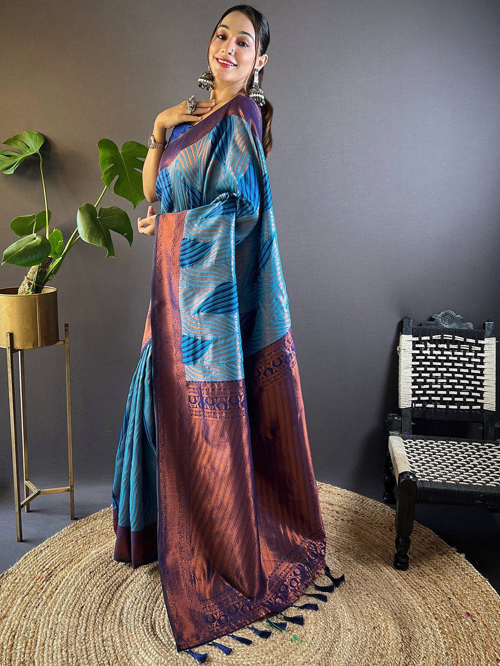 Blue Printed Kanjivaram Silk Saree with Wine Zari Pallu & Tassels