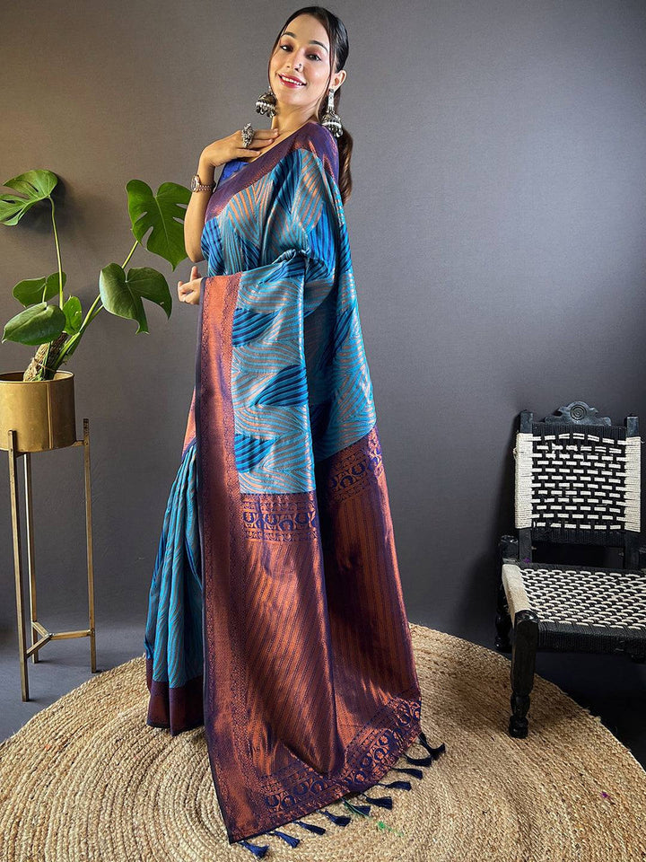 Blue Printed Kanjivaram Silk Saree with Wine Zari Pallu & Tassels