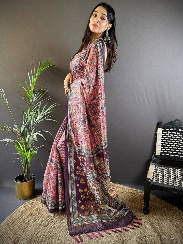 Pink Kalamkari Printed Soft Silk Saree with Purple Border & Tassel Pallu