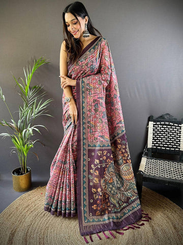 Pink Kalamkari Printed Soft Silk Saree with Purple Border & Tassel Pallu