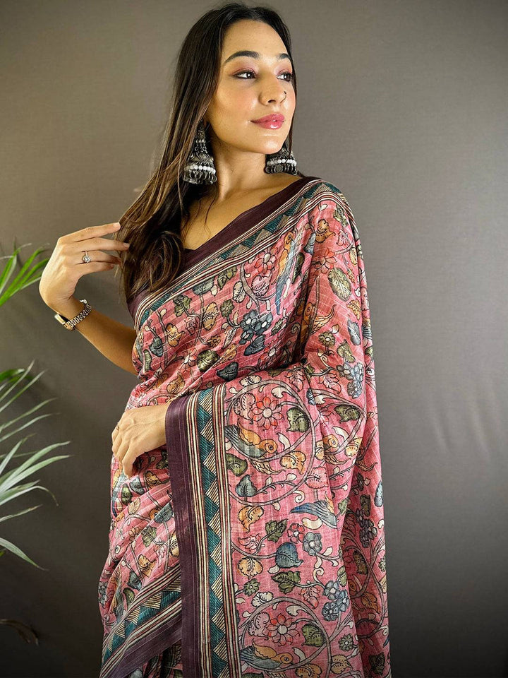 Pink Kalamkari Printed Soft Silk Saree with Purple Border & Tassel Pallu