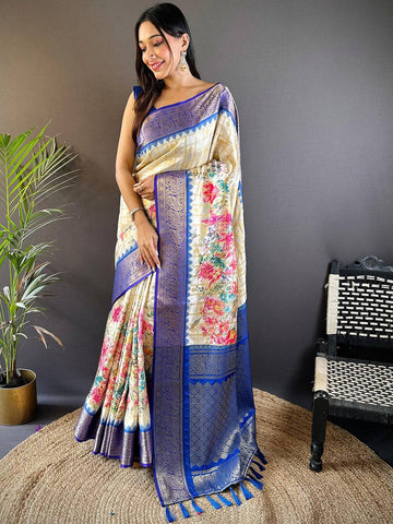 Ivory Floral Printed Kanjivaram Silk Saree with Royal Blue Zari Border & Tassel Pallu