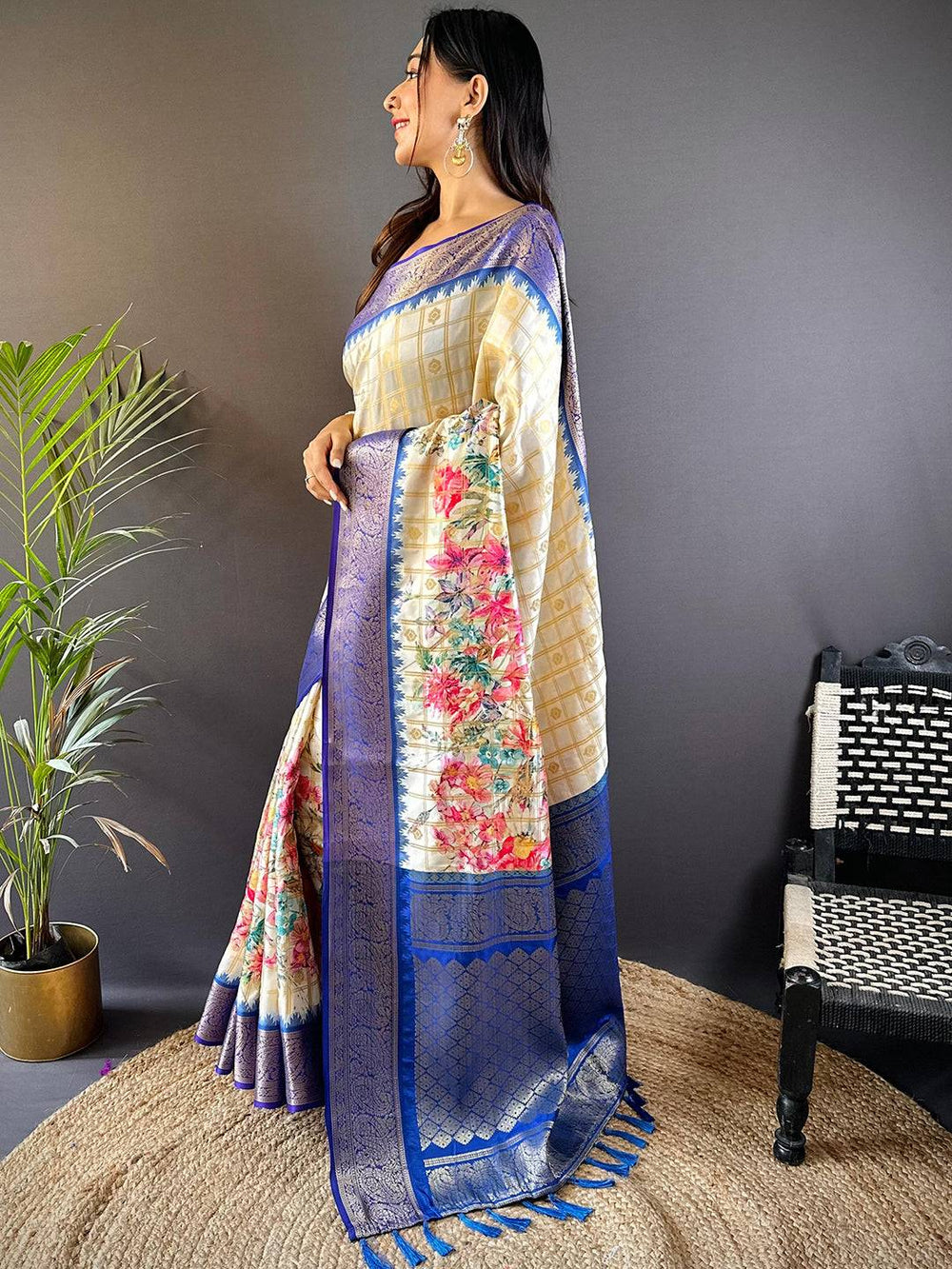 Ivory Floral Printed Kanjivaram Silk Saree with Royal Blue Zari Border & Tassel Pallu