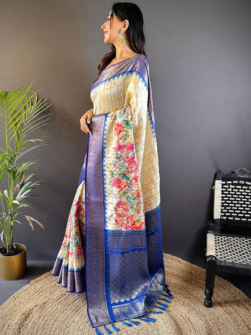 Ivory Floral Printed Kanjivaram Silk Saree with Royal Blue Zari Border & Tassel Pallu