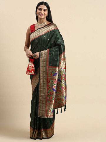 Dark Green Banarasi Silk Saree with Rich Zari Border & Multicolor Floral Pallu