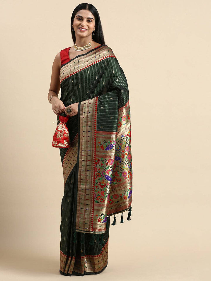 Dark Green Banarasi Silk Saree with Rich Zari Border & Multicolor Floral Pallu