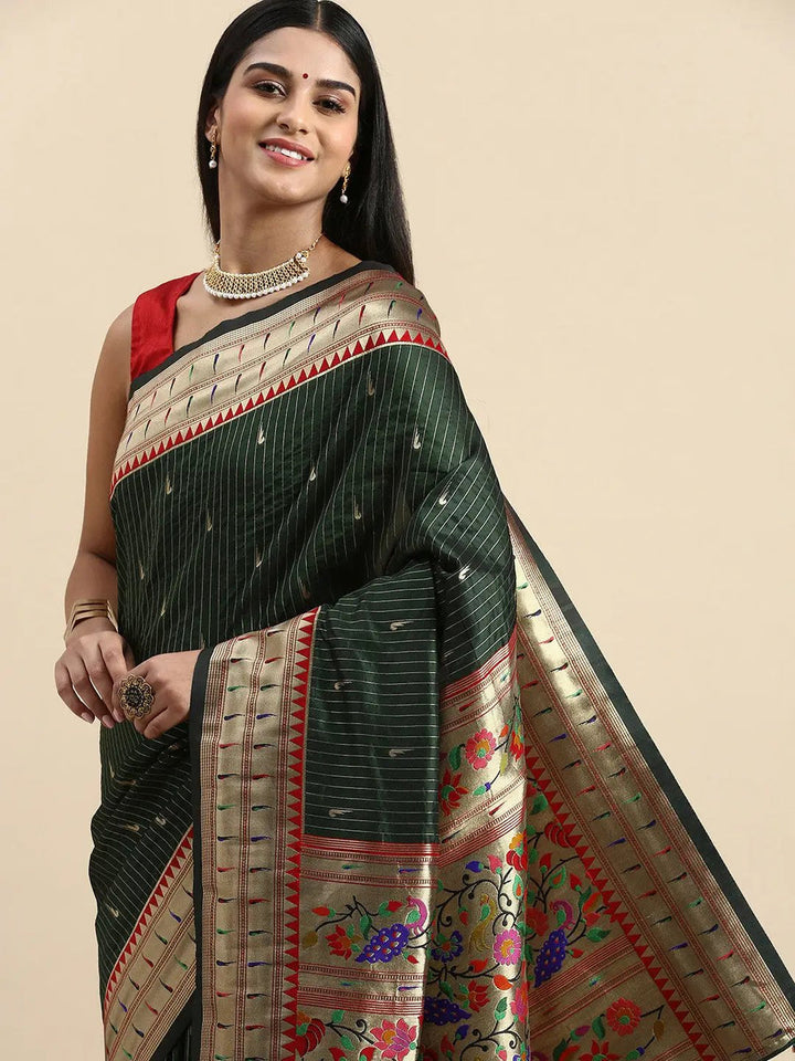 Dark Green Banarasi Silk Saree with Rich Zari Border & Multicolor Floral Pallu