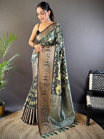 Dark Green Kalamkari Printed Soft Silk Saree with Antique Gold Zari Border